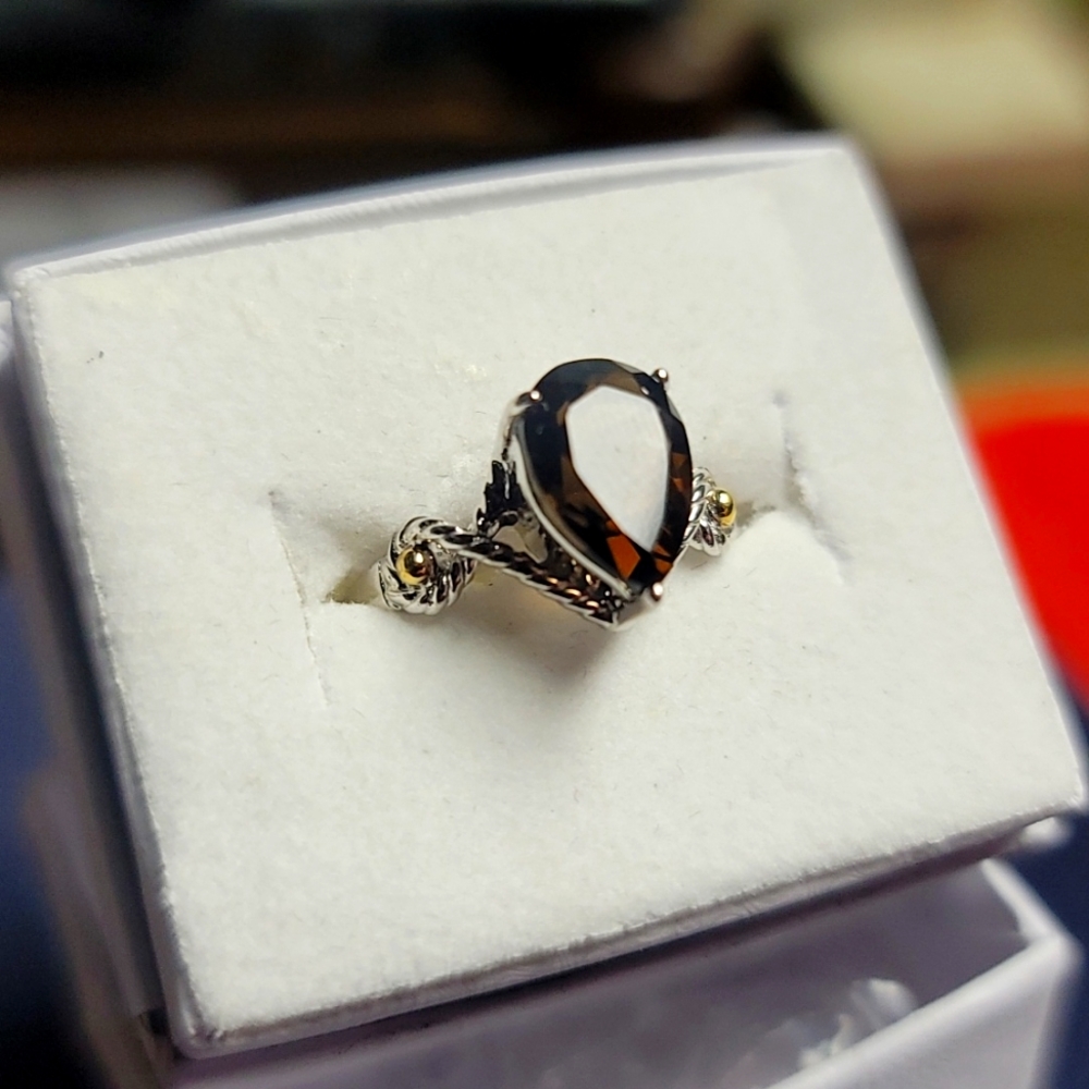 Sterling Silver Pear Smoky Quartz Diamond Accent Statement Ring, Size 5.5